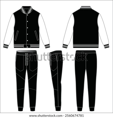 Tracksuit full button opening long sleeve jacket and pants running jogging athletic sports wear set flat sketch vector illustration technical cad drawing template.