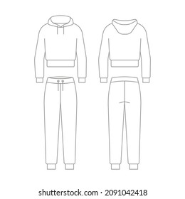 Tracksuit from pants joggers and sweatshirt with hood outline template. Unisex sportswear. Regular sport sweater and sport trousers for man and woman. Technical mockup in front and back view. Vector