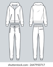Tracksuit technical fashion illustration. Set of zip-up Jacket and Jogger pants fashion flat technical drawing template, front and back view, white, women, men, unisex Activewear CAD mockup.