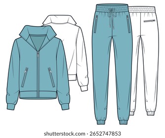 Tracksuit technical fashion illustration. Zip-up Jacket and Jogger pants fashion flat technical drawing template, front and back view, white, turquoise blue, women, men, unisex Activewear CAD mockup.