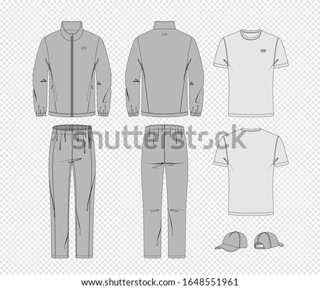 Tracksuit, t-shirt and cap vector templates for your design. Vector illustration.