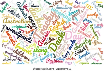 Tracky Dack Day 26 August Word Cloud In Vector Art Creative Colourful White Back Ground