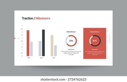 Plantilla de presentación de diapositivas de hitos de tracción con un diseño limpio y profesional. Ideal para mostrar la tracción del negocio, los hitos de crecimiento, los logros clave, las métricas de rendimiento y los indicadores de progreso en presentaciones corporativas e inversores.