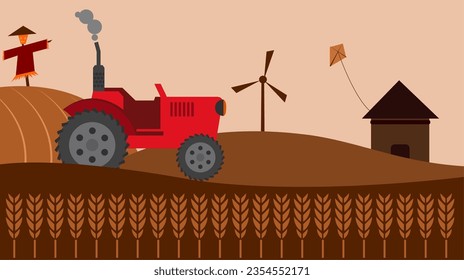 Tractor in agricultural field at evening