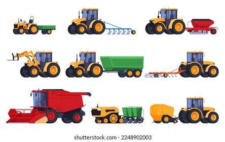 Tractor. Agricultural machinery for tillage. A heavy machine for working in the field, growing and collecting ecological farm products. Vector illustration