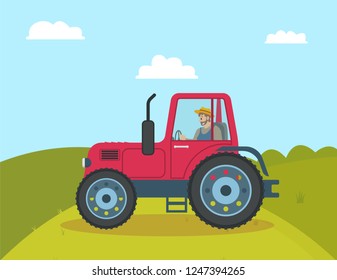 Tractor agricultural vehicle, man driving machine on field. Cultivation of land, farmland with hill and bushes. Farming male farmer win car vector