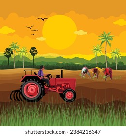 A tractor and agricultural workers planting in the field.