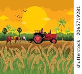 A tractor with Agricultural workers planting seedlings in the field.