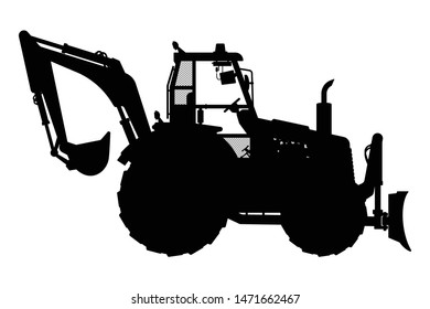 A tractor with agriculture equipment silhouette vector