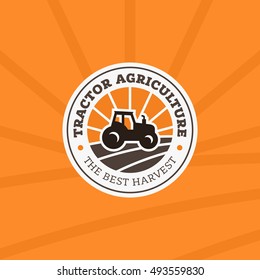 Tractor Agriculture logo design template. Vector colorful farm agrimotor on field logotype illustration. Farmers organic food market label, sign, badge. Harvest truck circle symbol sticker