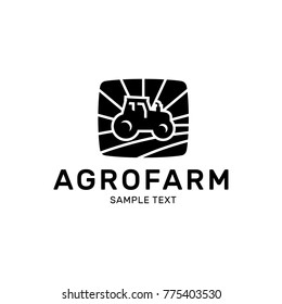 Tractor Agrofarm logo design template. Vector bio agrimotor on field logotype illustration. Farm organic food market label, sign, badge. Harvest truck symbol sticker for agriculture sphere