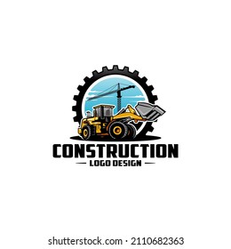 tractor - backhoe loader logo with gear and crane background vector isolated