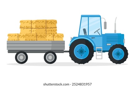 Tractor with bales of hay. Flat style vector illustration.