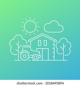 tractor at a barn, farm line vector illustration
