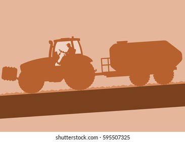 Tractor with barrel on field brown vector background