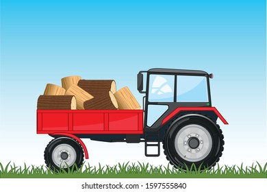 Tractor with basket ahead of laden firewood