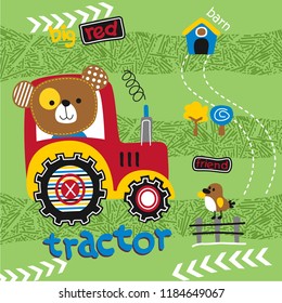 tractor and bear funny animal cartoon,vector illustration