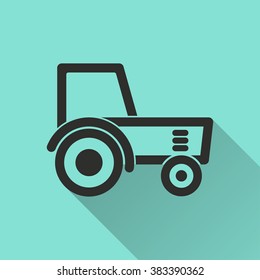 Tractor  black icon with long shadow, flat design. Vector illustration.