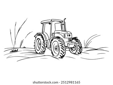 Tractor Black Sketch Line Drawing on White background. Agricultural Vehicle Vector Linear Illustration. 