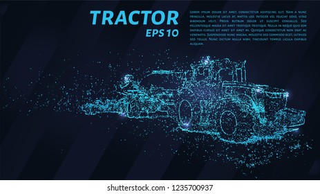 Tractor of blue glowing dots. Tractor with seeder vector illustration