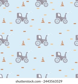 Tractor and bricks. Seamless kids pattern.