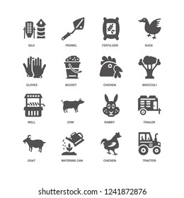 Tractor, Broccoli, Chicken, Goat, Trailer, Silo, Gloves, Well, Watering Can, Fertilizer icon 16 set EPS 10 vector format. Icons optimized for both large and small resolutions.
