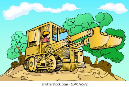 tractor with broken forest background