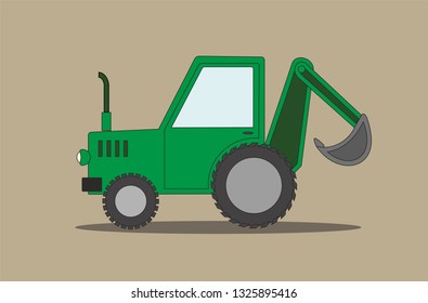 Tractor with a bucket in the back, with large wheels, side view. Vector image isolated