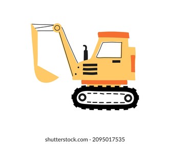 Tractor with bucket. Equipment for construction and destruction of buildings. Yellow transport for excavation and leveling soil. Preparation of land for construction. Cartoon flat vector illustration