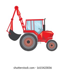A tractor with a bucket isolated on a white background for design. A red vector stock illustration with flat tractor cab, silencer, windows, wheels and no people