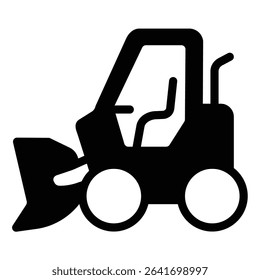Tractor with bucket solid icon, making road concept. Vector graphics. Motor tractor vehicle, heavy transport sign on white background, style mobile or design