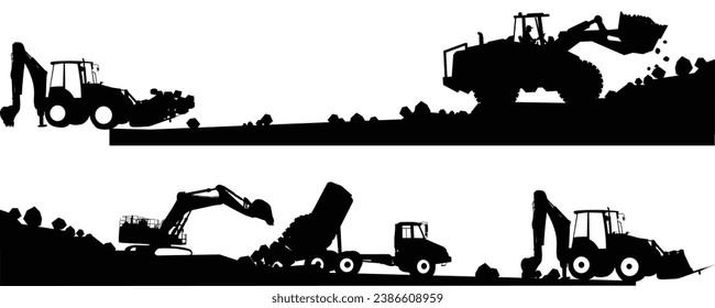 Ilustración vectorial de silueta de tractores y constructores