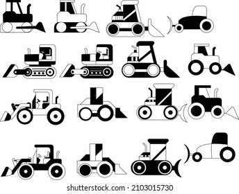 tractor bulldozer loader skid steer excavator construction logo icon vector set collection on white isolated background