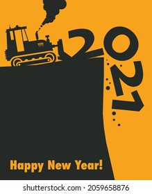 Traktor-Bulldozer bei der Arbeit auf der Baustelle, Happy New Year 2021-Karte, Vektorgrafik