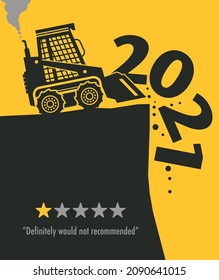 Tractor bulldozer at work on the construction site, Happy New Year 2021 card, vector illustration