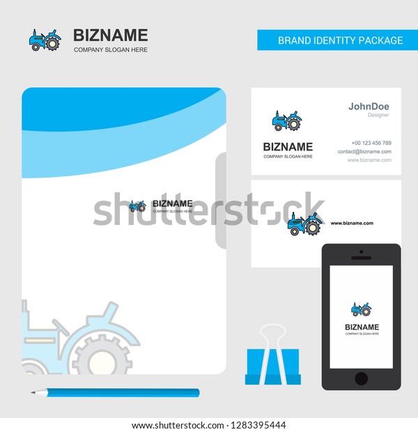Tractor Business Logo, File Cover\
Visiting Card and Mobile App Design. Vector\
Illustration