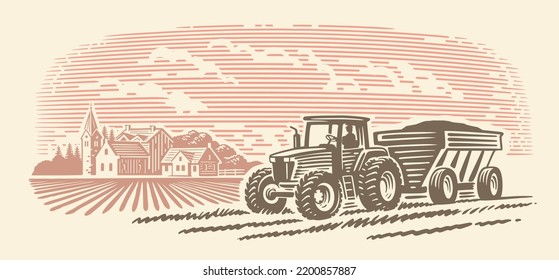 Tractor carries grain. Rural landscape. Autumn harvest