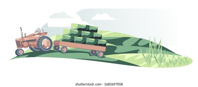 Tractor carry stock of hay isolated on field white background