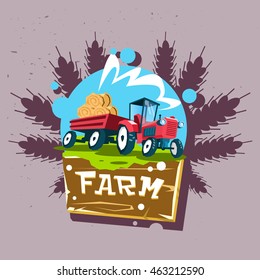 Tractor Carry Straw Bale Eco Fresh Farm Logo Flat Vector Illustration