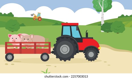 Tractor que transporta cerdos en un remolque