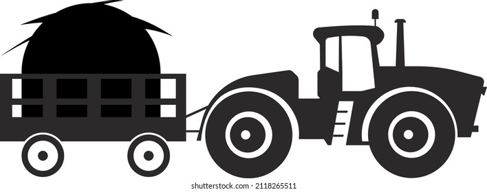 Un tractor con un carro cargando un pajar. Herramientas agrícolas. Símbolo plano negro. Imagen aislada en un fondo blanco.