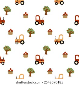 Tractor cartoon so cute. On apple tree white background. Pattern seamless vector illustration. 
