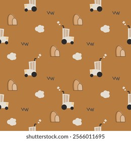 Tractor cartoon so cute. On mountain cloud background. Pattern seamless vector illustration. 