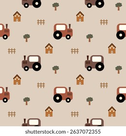 Tractor cartoon so cute. On tree house fence background. Pattern seamless vector illustration. 