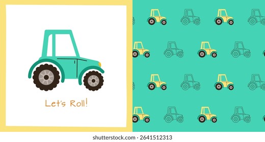 Tractor cartoon seamless pattern. Hand drawn retro farmer or builder car automobile endless boundless background design. Simple funny auto transport comic repeat print wallpaper vector illustration