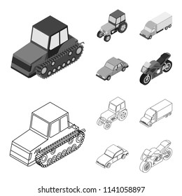 Tractor, caterpillar tractor, truck, car. Transport set collection icons in outline,monochrome style vector symbol stock illustration web.