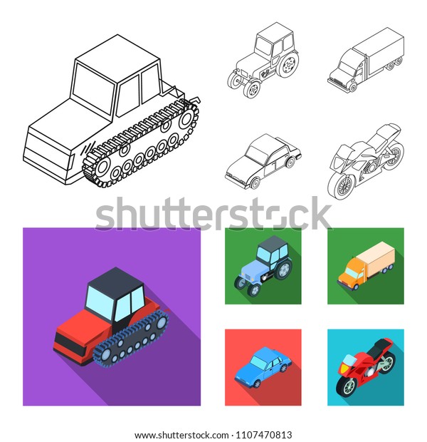 Tractor, caterpillar tractor, truck, car. Transport\
set collection icons in outline,flat style vector symbol stock\
illustration web.