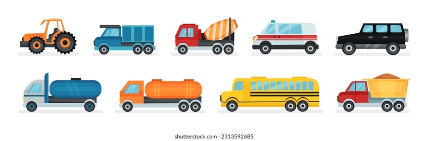 Tractor, Cement Truck, Ambulance, School Bus and Dump Truck as Cars and Wheeled Motor Vehicle Vector Set