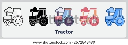 Tractor, A classic side-view tractor, ideal for farming, agricultural events, or rural community designs. Line, Filled, Color, blue, orange style.