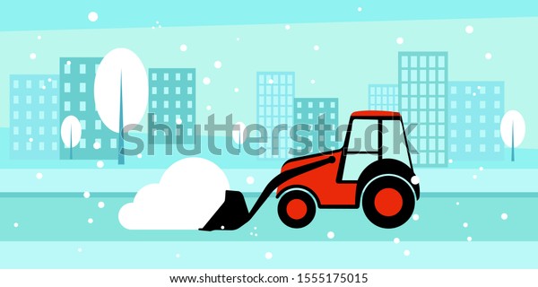tractor cleaning snow, vector illustration.\
excavator with bucket, snow removal equipment in the city. winter\
urban landscape.